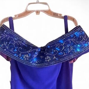 A.J. Bari Royal Blue One-Shoulder Evening Dress with Embellished Collar